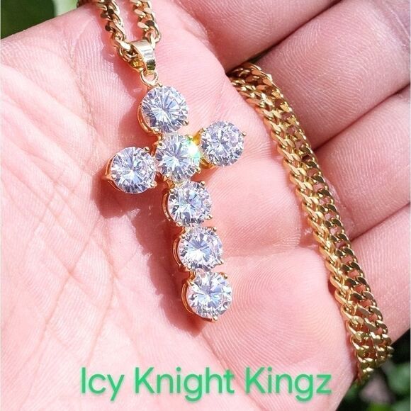 20"Cuban Chain - Gold Finish Seven CZ Cross - Picture 1 of 10